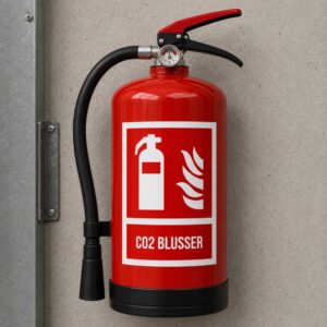 Red fire extinguisher mounted on a wall with a hose and gauge, labeled CO2 BLUSER or CO2 extinguisher.
