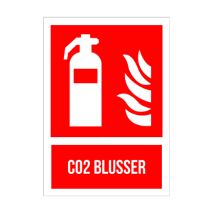 Sign indicating a CO2 fire extinguisher (text reads 'CO2 BLUSSER') with a white extinguisher icon on a red background.