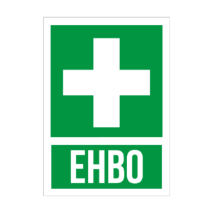 First aid sign: white cross on green square with EHBO text below.