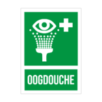 Green first-aid style sign featuring an eye symbol with a dotted splash forming a funnel, a white medical cross to the right, and the word 'OOGDOUCHE' in bold letters beneath.