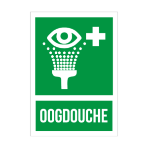 Green first-aid style sign featuring an eye symbol with a dotted splash forming a funnel, a white medical cross to the right, and the word 'OOGDOUCHE' in bold letters beneath.