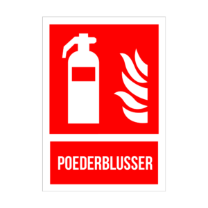 Fire extinguisher pictogram with flames and the Dutch word POEDERBLUSSER on a red background (fire safety sign)