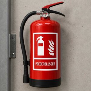 Red fire extinguisher mounted on a light wall with a hose and gauge visible at the top, ready for use.