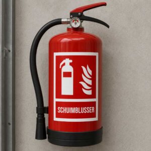 Red foam fire extinguisher mounted on a wall with hose, labeled SCHUIMBLUSSER (foam extinguisher).