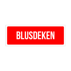 Red rounded-rectangle sign with bold white text reading 'BLUSDeken' centered on a red background.