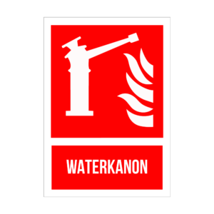 Fire extinguisher icon with water-jet symbol on a red panel and the word WATERKANON below.